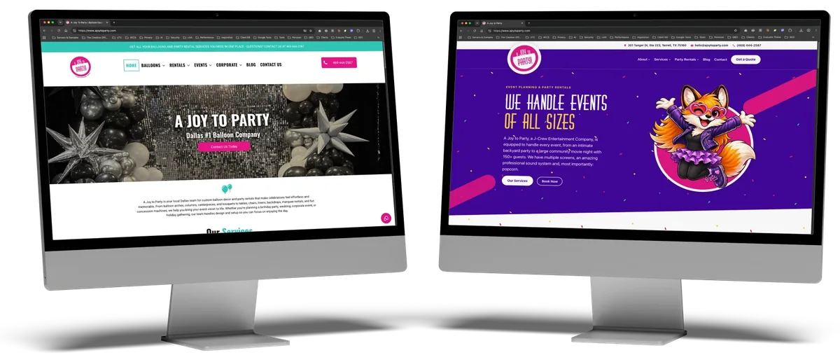 Two desktop monitors side by side showing the same business's website: the original design on the left and the refreshed design on the right.
