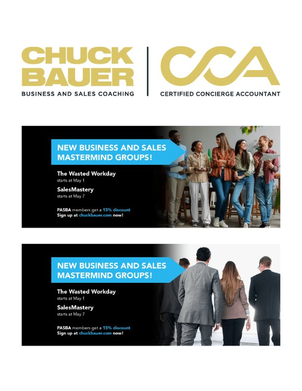 The Chuck Bauer and CCA logo lockup with two digital ad banners