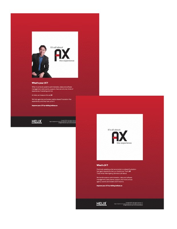 Two red sell sheets designed for Helix Agency Services