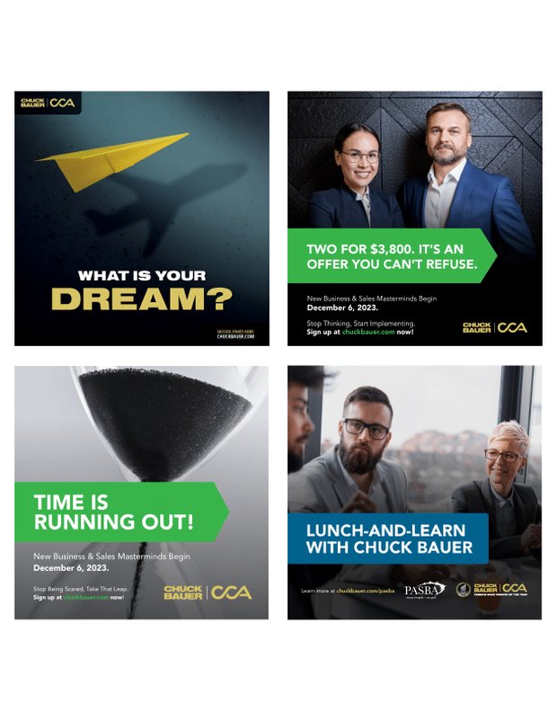 Four social media graphics designed for business coach Chuck Bauer