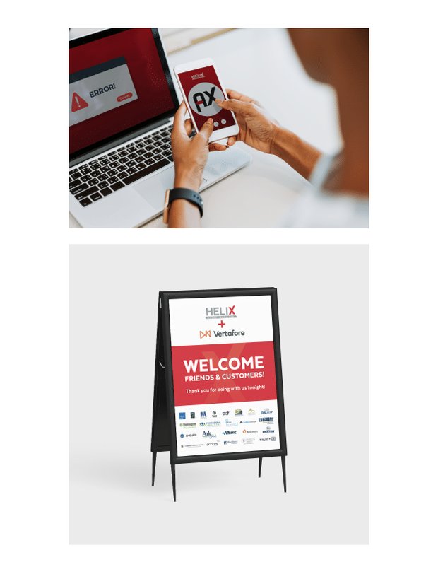 A trade show welcome sign for Helix Agency Services next to a phone app mockup