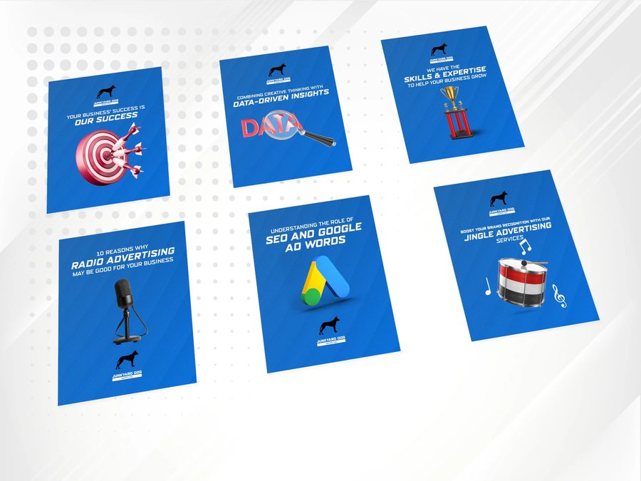 Six social media graphics designed for a marketing company